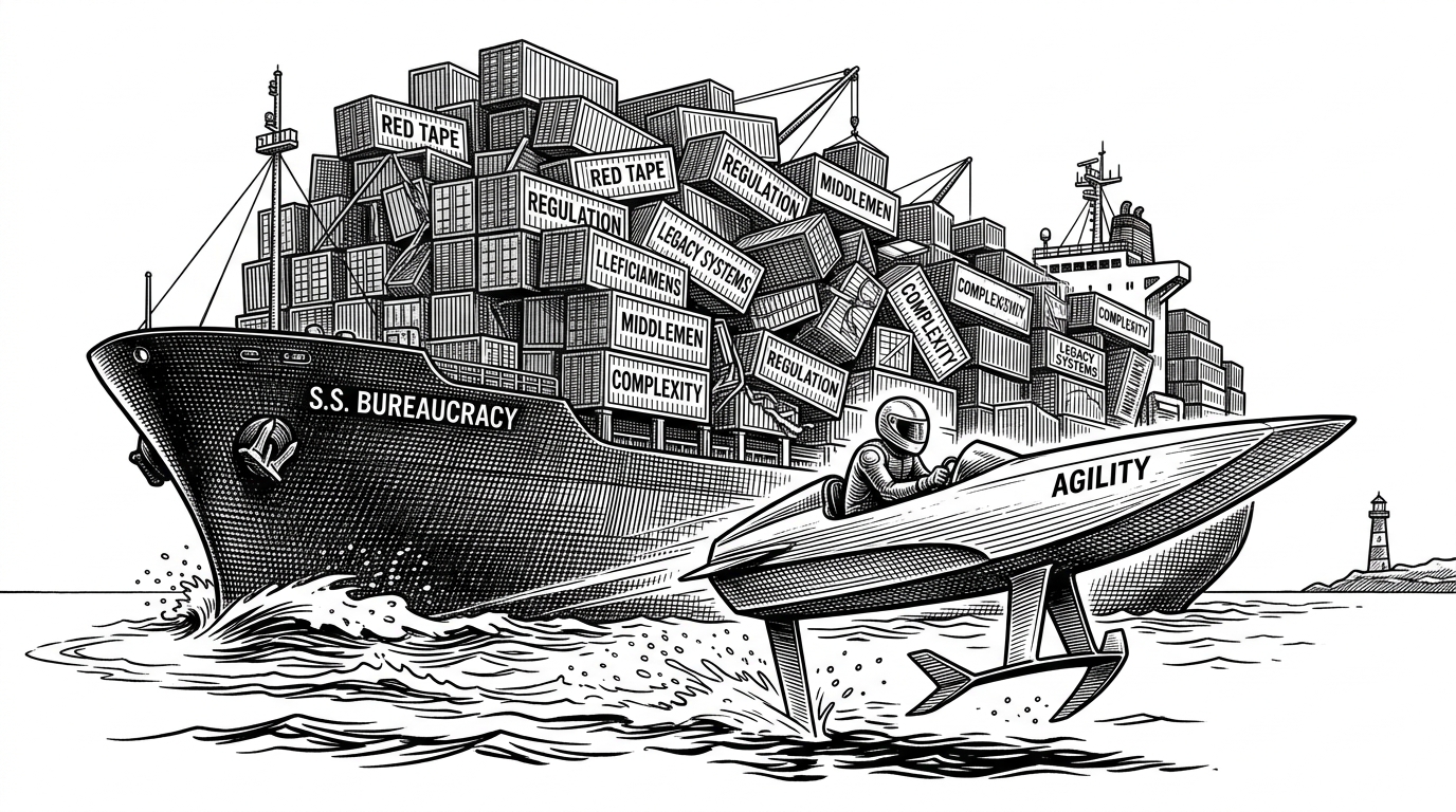A massive cargo ship overloaded with containers represents PyTorch dependencies, while a sleek hydrofoil representing ONNX speeds past it.