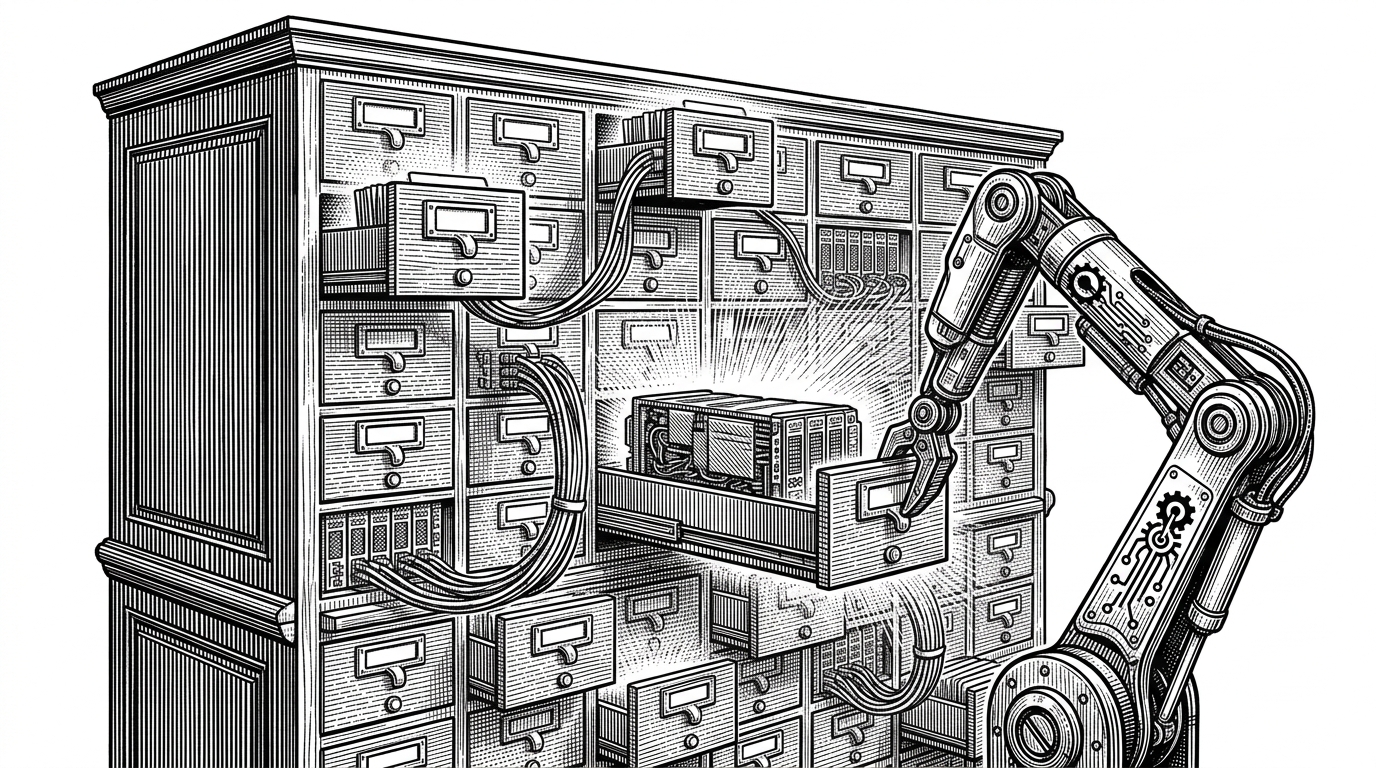 A massive card catalog filled with glowing server blades, representing a structured index for machine retrieval.