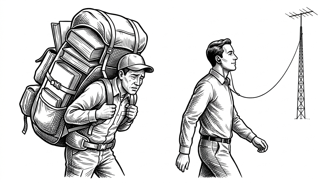 A split-screen illustration showing a burdened hiker carrying manuals versus a hiker walking effortlessly with an earpiece.