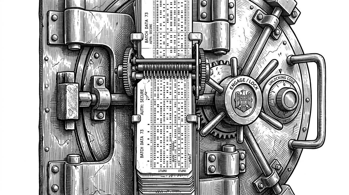A close-up of a heavy industrial steel vault door mechanism controlled by a stack of stiff paper punch cards.