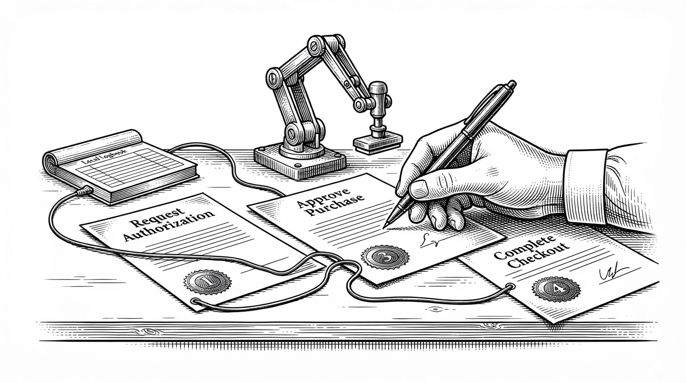 Three stamped documents sit on a workbench in sequence: Request Authorization, Approve Purchase, and Complete Checkout. A hand with a pen hovers over the middle page while a smaller machine hand waits behind it, and a logbook is connected to each page by a thin cable. It explains how NorthCinder separates research from spending and records every transition.