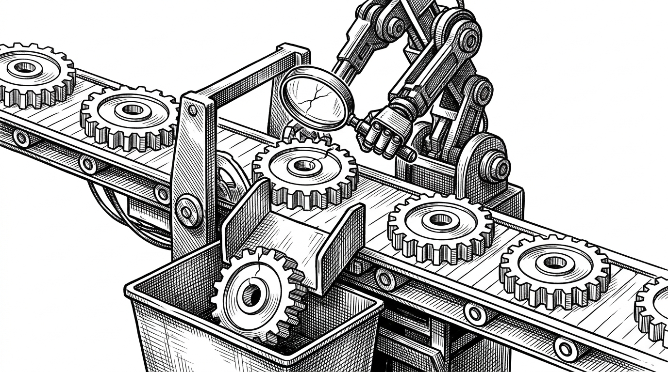 An automated factory assembly line where a mechanical arm inspects gears and rejects a fractured one. This represents the automated CI/CD pipeline catching vulnerable LLM prompts before deployment.