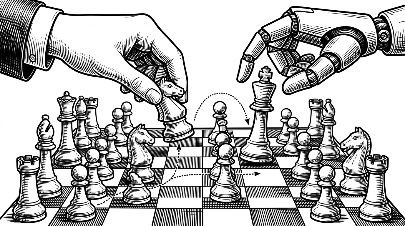 A close-up of a chessboard where a robotic hand counters a human's knight move. Dotted lines trace the knight's previous moves, illustrating a multi-turn attack strategy.