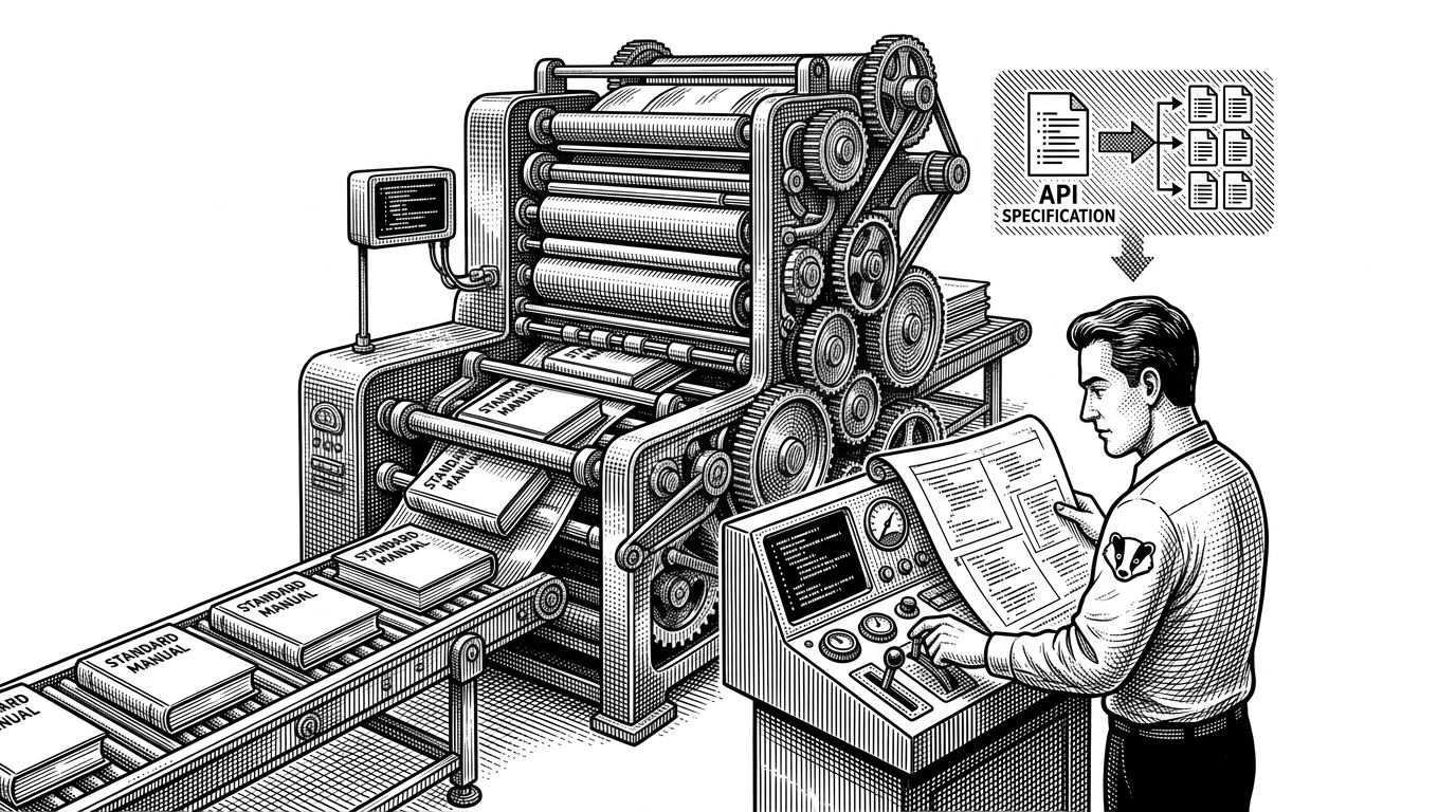 A massive printing press churning out instruction manuals, overseen by a single operator reading a blueprint.