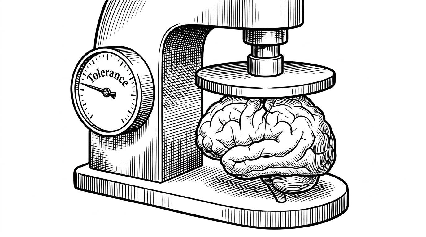 A mechanical stress-test apparatus applying pressure to a glass brain, illustrating clinical precision in AI safety testing.