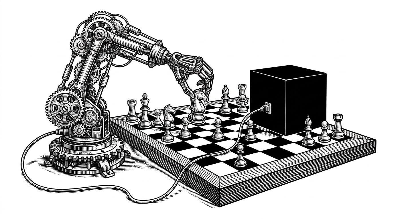 A mechanical arm plays chess against a black box, connected by a single wire. This represents the automated attacker probing the target model.
