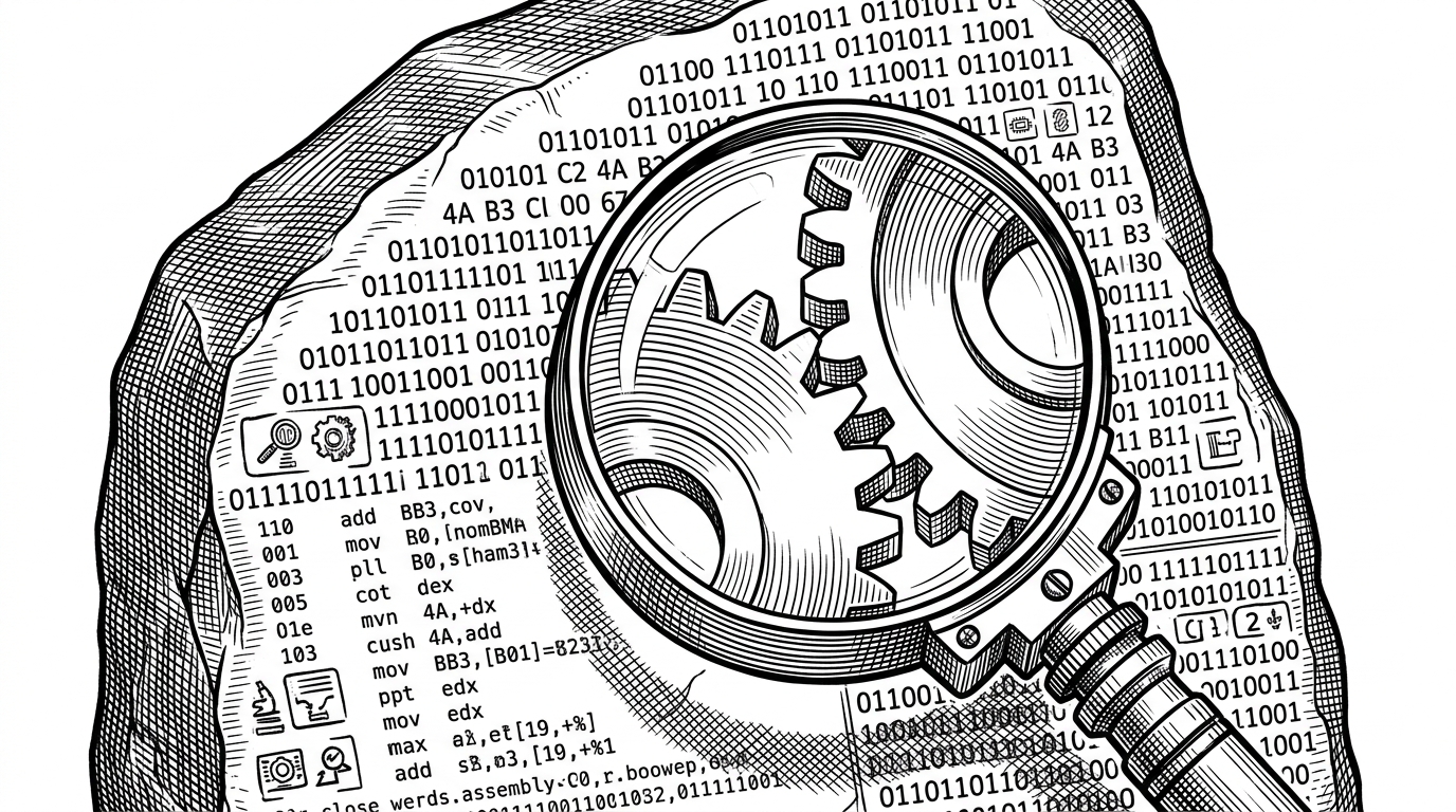 A mechanical magnifying glass over a machine-code Rosetta stone reveals meshing gears. This illustrates Rhai scripting acting as a universal translation layer.
