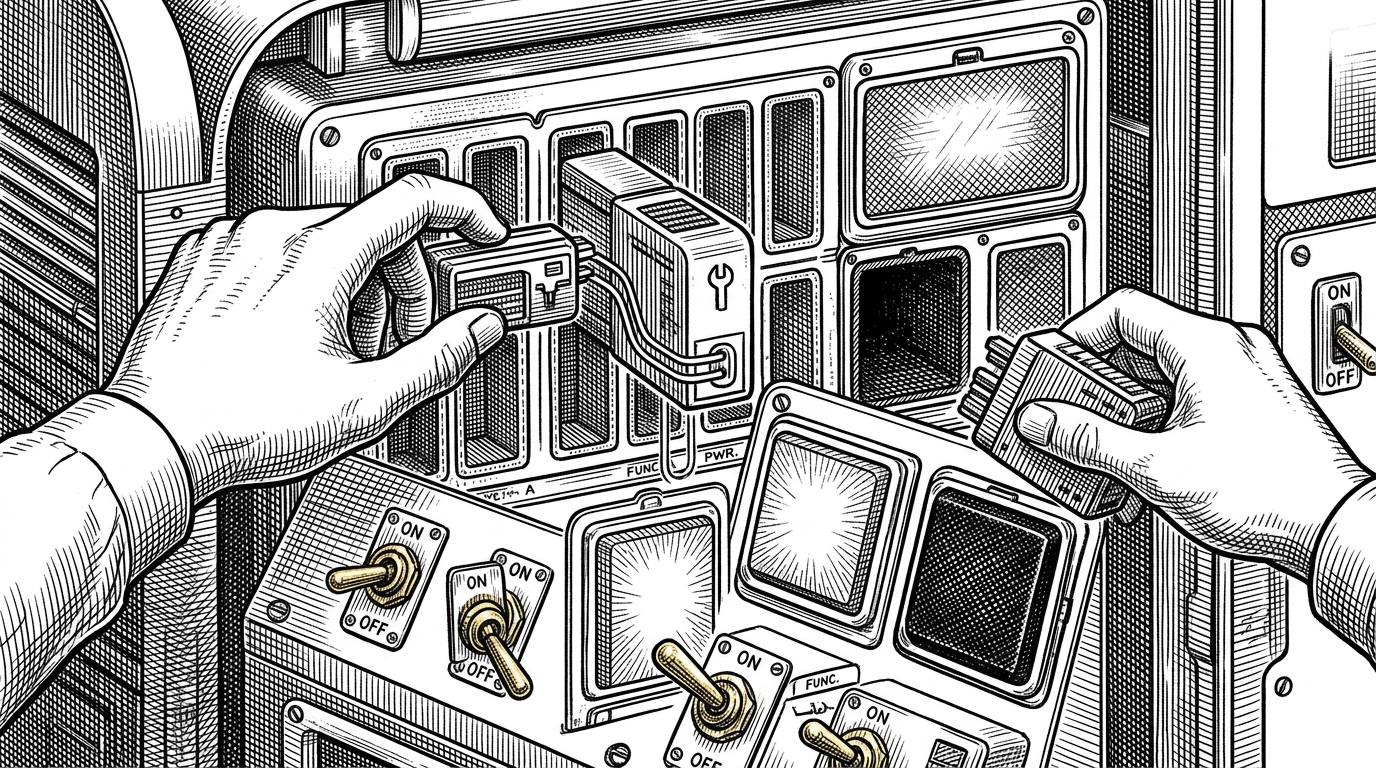 A close-up view shows removable modules, toggle switches, and sealed compartments inside a machine control panel. It explains how build-time feature flags can reveal or hide capabilities without changing the core loop.