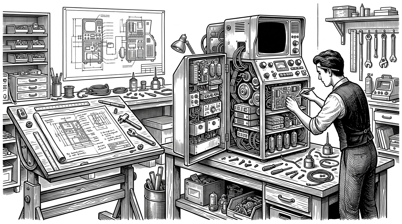 A black-ink workshop scene shows a terminal agent machine being rebuilt from a blueprint on a clean workbench. It explains the article's core point: this project is less a wrapper around Claude Code and more a reconstruction of its machinery.