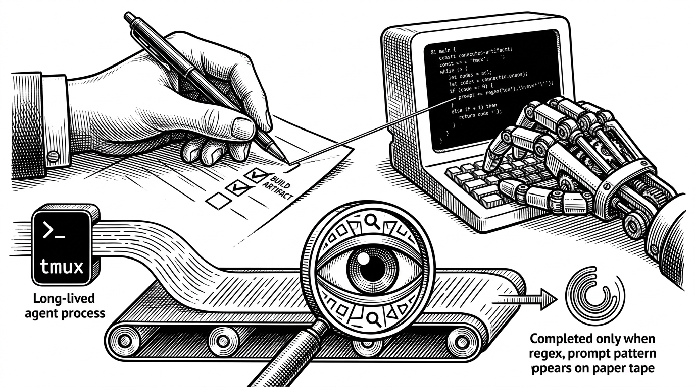A close-up of a terminal buffer flowing into a prompt detector, with a long-lived agent process on the left, a magnified sentinel in the center, and the UI on the right waiting for completion. The buffer is drawn like a paper tape or conveyor belt to emphasize persistence. The image explains how the interface watches a living process rather than polling for a single response object.