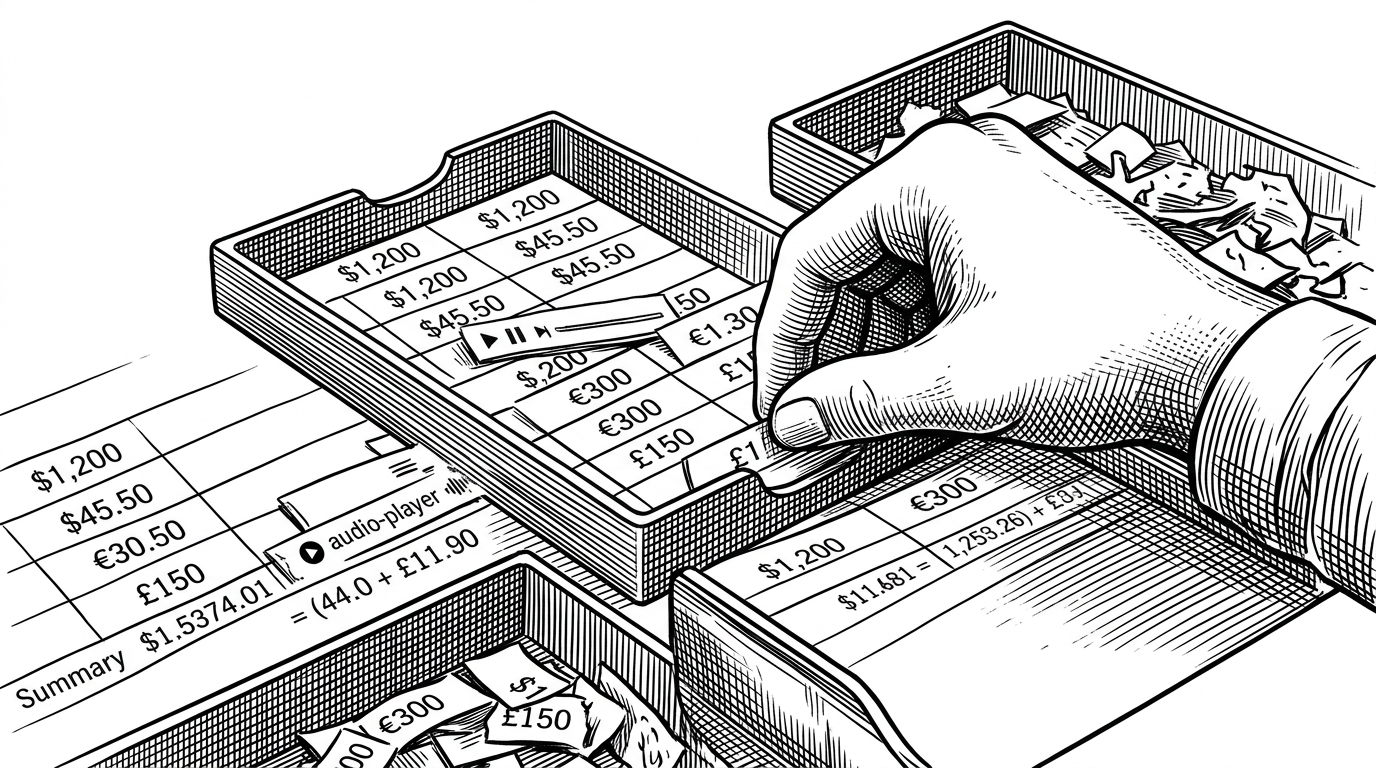 A close-up workshop scene shows a hand sorting a stream of table cells into separate trays for clean data, discard, and summary rows. Among the cells are currency values and one strange audio-player fragment, showing why the scraper has to strip artifacts before analysis can begin.