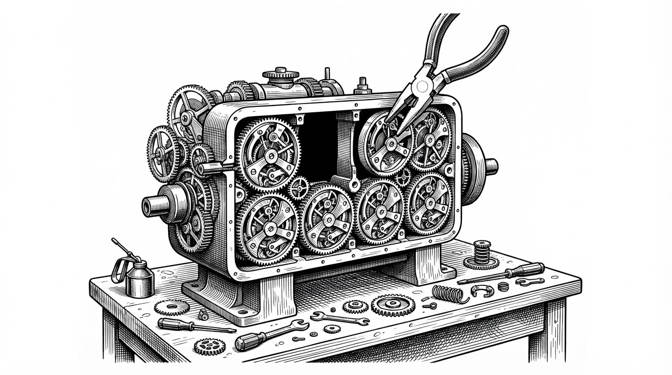A cutaway view of a large clockwork engine mounted on a workbench. Its central housing, once a single cast block, has been divided into eight separate interlocking cassettes, each meshed with its neighbors and still turning; one cassette is lifted slightly out of its slot by a pair of pliers. The drawing stands for Cerebro, Backtrader's central orchestrator, split into eight mixins that still mesh as one public class.