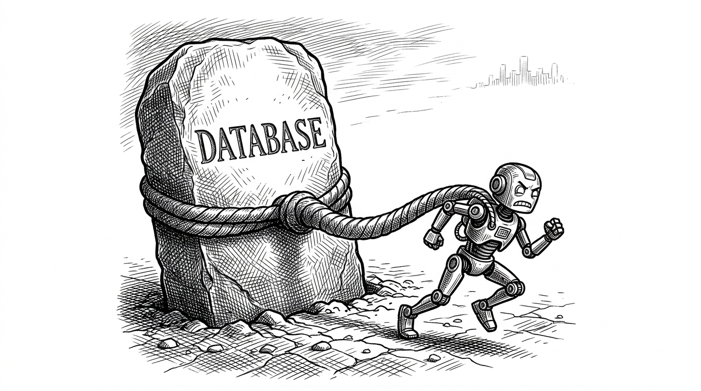 A small agile robot tethered by a massive glowing umbilical cord to a giant stationary stone monolith labeled DATABASE, depicting the friction of external persistence.