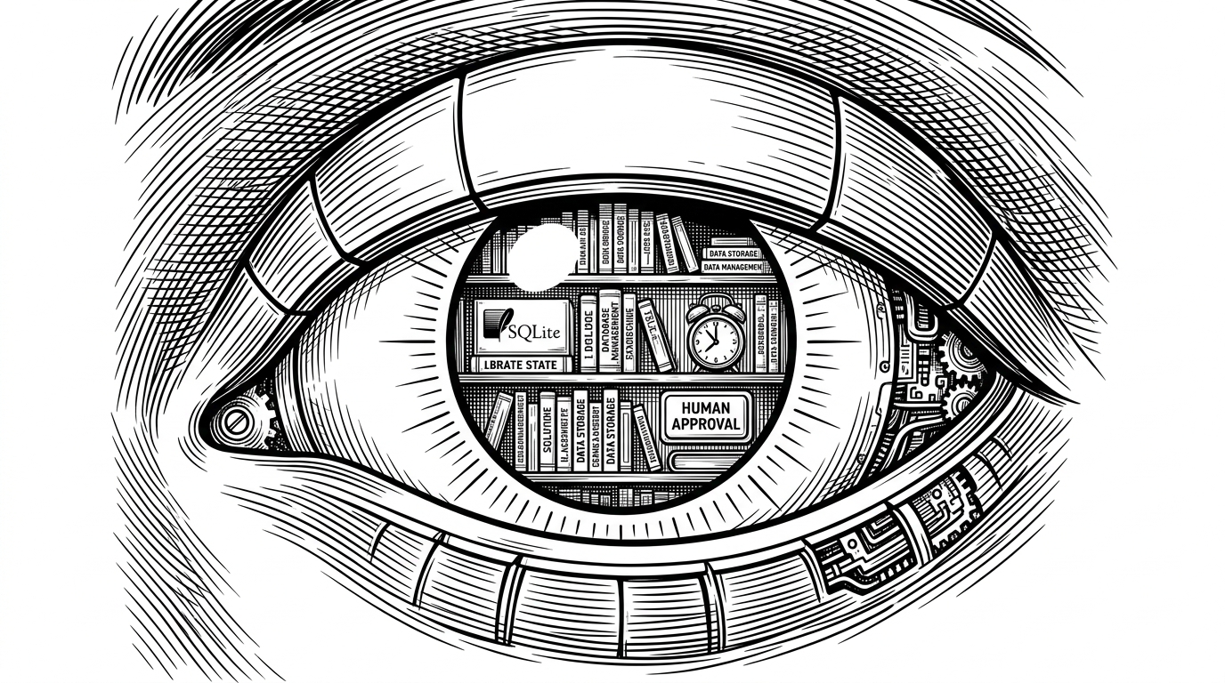 A close-up of a mechanical eye that is half-closed, glowing with a soft standby pulse, with a tiny organized library inside the pupil.