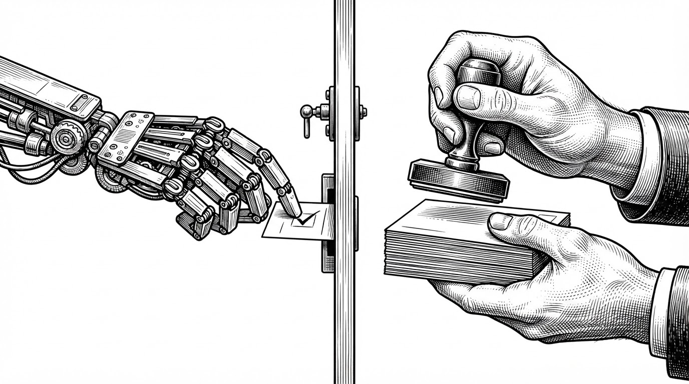 A tight close-up editorial illustration of two hands at a single gate. A mechanical hand on the left writes on a card and slides it into a slot, the card bearing a small stamped checkmark. A human hand on the right holds a stack of identical cards with one large stamp, about to approve them all at once. A thin vertical line between them represents the gate with a small latch.