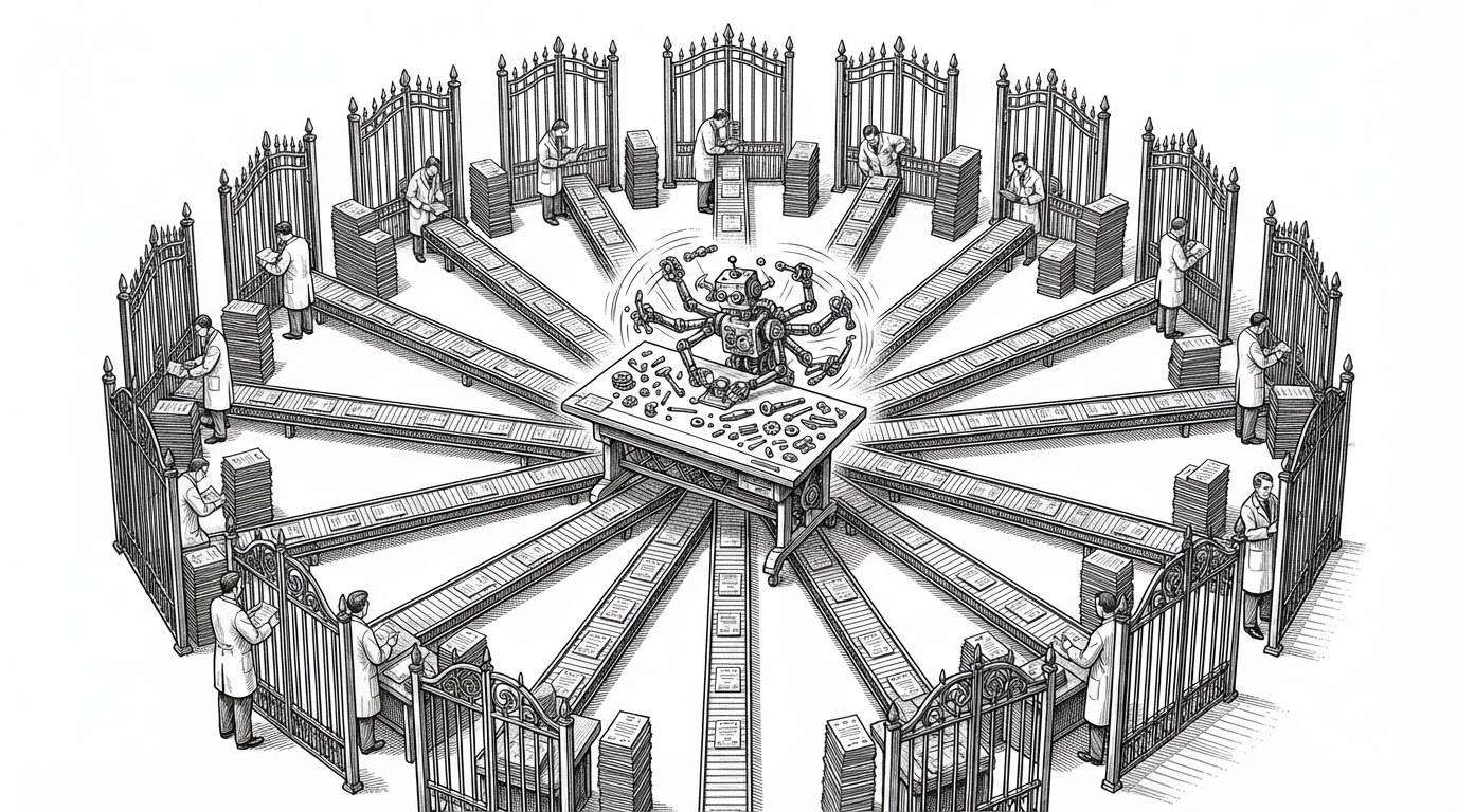 A wide overhead editorial illustration of an open workshop floor with a single drafting table at its center. A small mechanical figure at the table rapidly assembles a gadget from interchangeable parts while a conveyor of small paper cards flows outward toward a ring of tall narrow gates, each staffed by a human inspector who stamps and stacks the cards. The scene depicts how agents act continuously while humans review the resulting actions in bulk at the boundary.