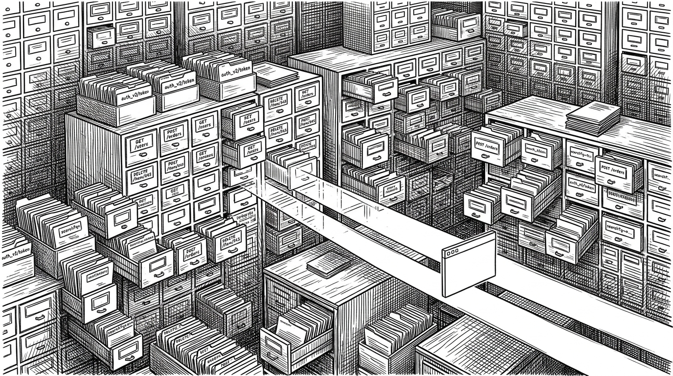 A vast archive of tiny API drawers and filing cards stretches into the distance, each drawer labeled like an endpoint. In the foreground, a narrow search beam and a compact execution window carve a clean path through the clutter, reducing the mass of drawers into two simple routes.