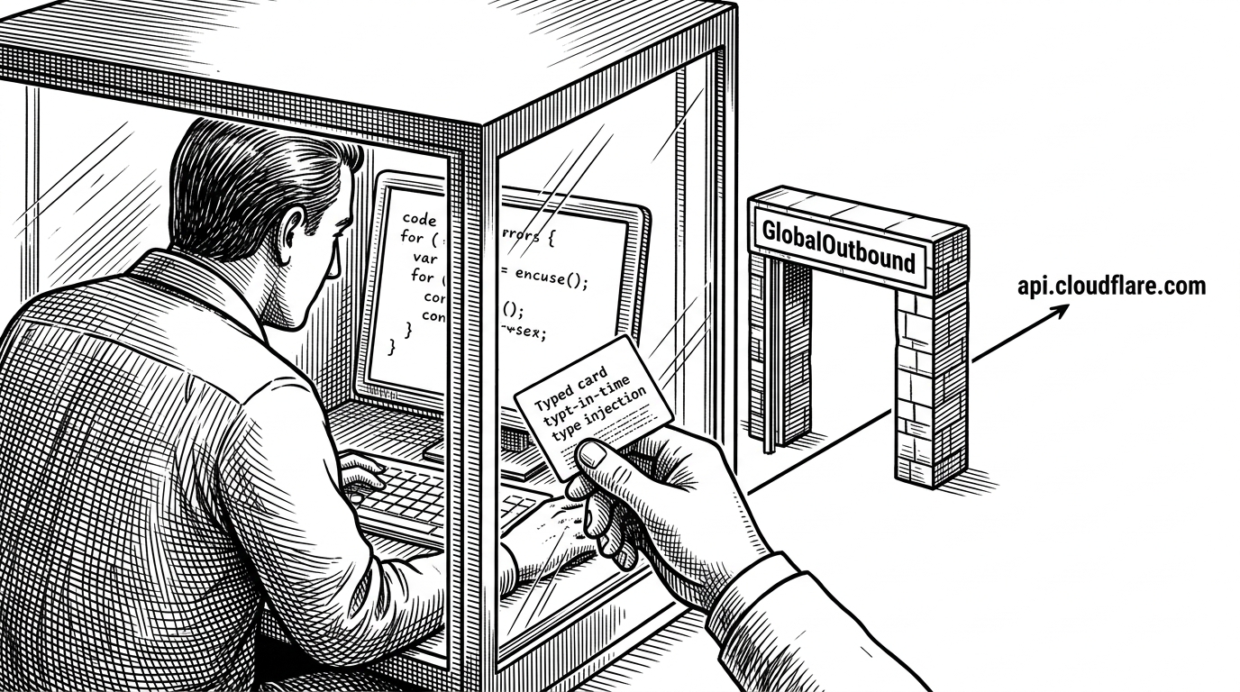A glass-like Worker isolate sits in the center as a sealed chamber. Inside, a handwritten code fragment runs on a terminal. Outside the chamber, a firewall gate labeled <span class=