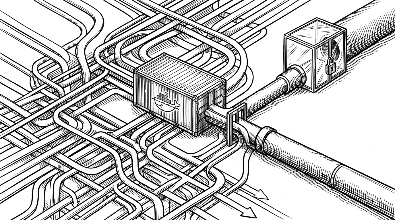 A Docker container sits inside a lattice of routed packet paths, with outbound traffic pulled through a narrow gate that splits into two exits. One exit leads to a locked inspection chamber, while the other continues as an untouched tunnel, with tiny DNS packets diverted along the same boundary. This illustrates the repo’s central idea: every connection is intercepted first, then judged.