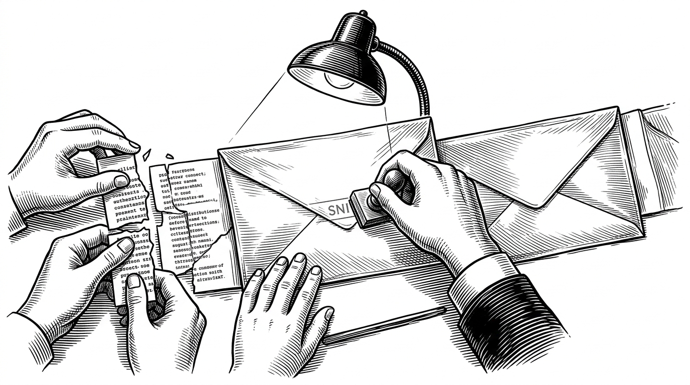 A close-up of a translucent TLS ClientHello envelope under a desk lamp, with the SNI line exposed just enough for a hand to stamp either MITM or PASS THROUGH. One branch breaks the packet into plaintext segments, while the other keeps it sealed and moving forward. This image explains how the proxy chooses between inspection and forwarding without treating every flow the same.