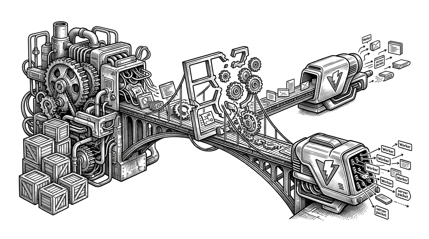 A wide mechanical bridge spans two worlds. On the left, a dense legacy build machine with heavy gears and tangled output parts. On the right, a cleaner Vite engine feeds Workers nodes and routing cards directly into deployment. The image explains Vinext’s main idea: keep the Next.js mental model, but replace the build machinery underneath it.