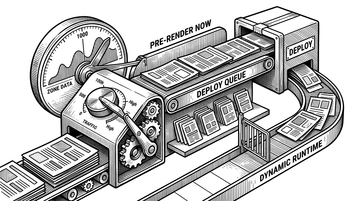 A close-up of a sorting conveyor separates popular pages from niche pages. A traffic dial points to the busiest routes, which move into a prerender queue and then into a deploy artifact. Less visited pages stay on a shelf and continue into a dynamic runtime lane. The image explains traffic-aware pre-rendering as a deploy-time decision, not a one-size-fits-all build step.