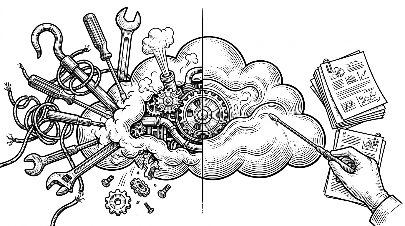 A split scene showing a tool testing a cloud engine from the outside while the machinery stays sealed and running. The left side is cluttered with dangerous hooks and spanners, while the right side is a restrained inspection probe and a neat list of findings, explaining the benefit of read-only diagnostics.