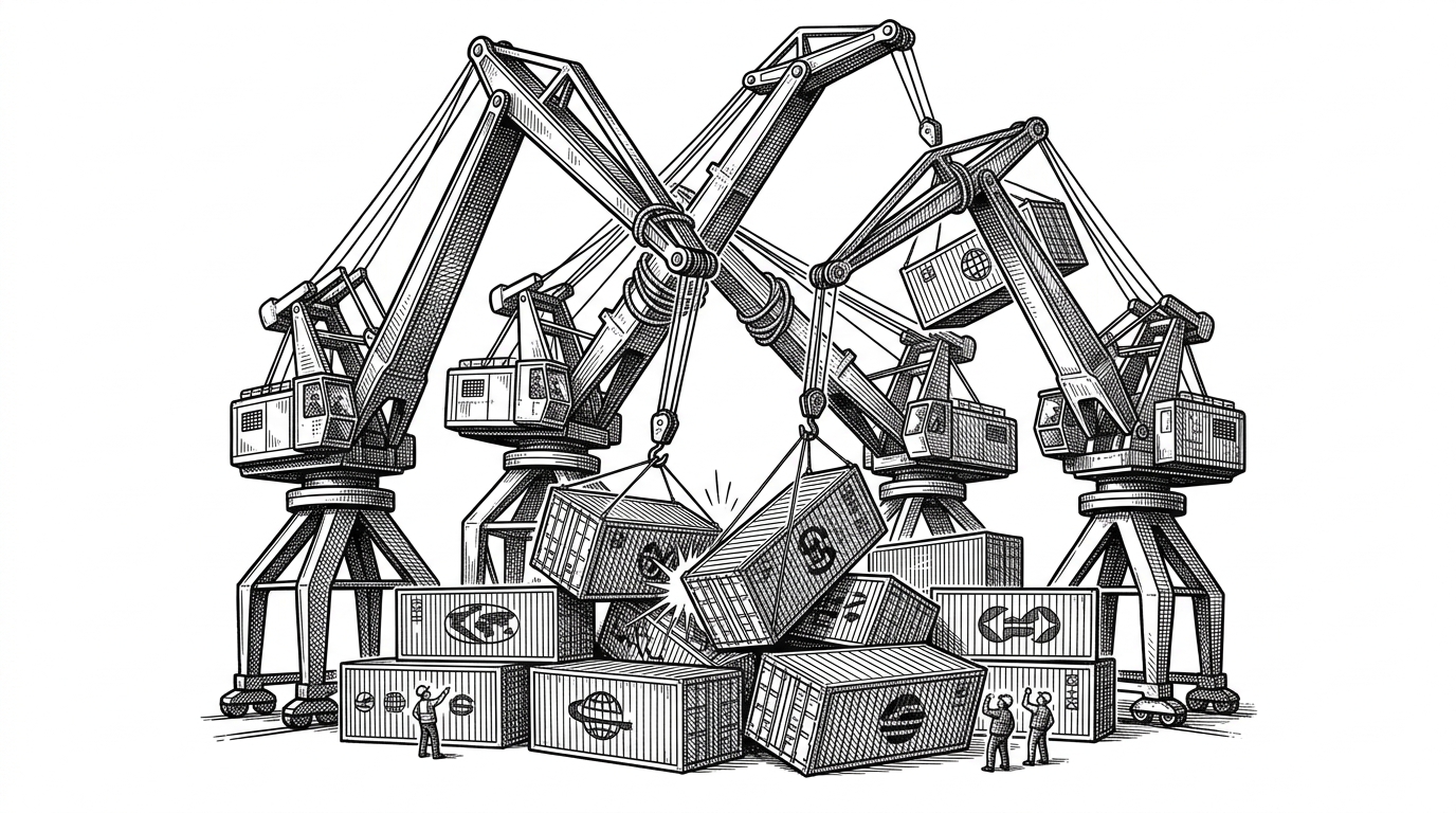 A tangled mess of mechanical shipping cranes trying to drop containers on the exact same loading dock. This illustrates the port collision problem when multiple local branches run simultaneously.