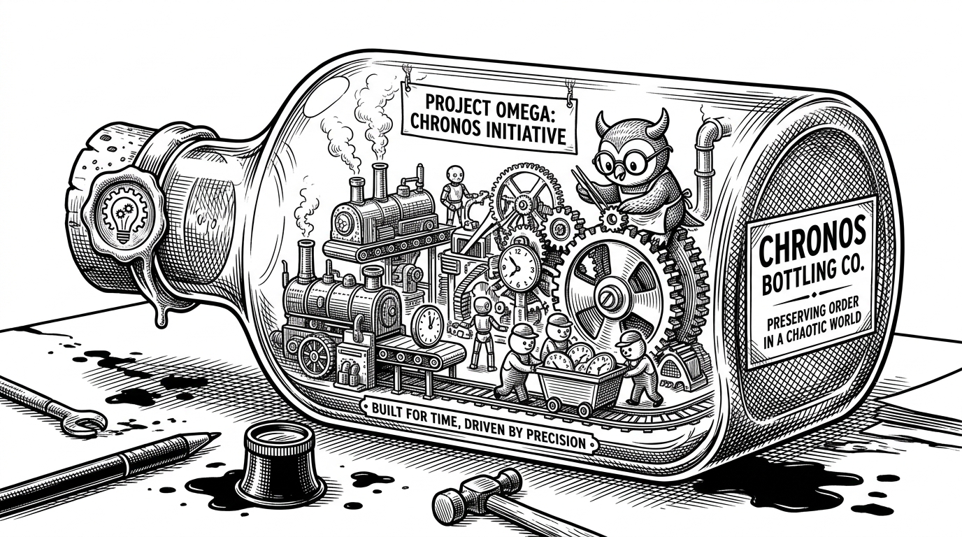 A pristine miniature clockwork factory operating inside a sealed glass bottle, surrounded by a messy workbench. This illustrates the absolute isolation of Docker-in-Docker environments.