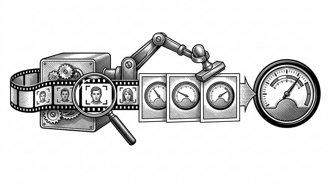 A close-up pipeline shows a strip of video frames moving through face detection, then into a row of sampled frames with score stamps, and finally into a smoothed confidence meter. The image explains why Prahar treats deepfake detection as a temporal process rather than a single-frame judgment.