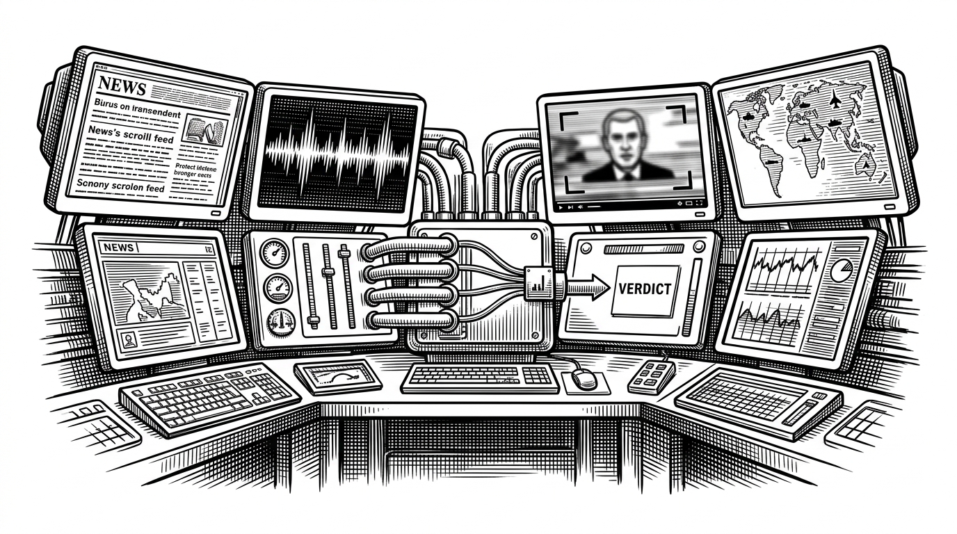 A wide watchtower-like control room with multiple sensor screens feeding into one central judgment core. One screen shows a scrolling news feed, another a waveform, another a blurred face framed in a video still, and a fourth shows defense assets pinned on a map. The scene explains that Prahar is designed to combine several weak signals into a single triage decision.