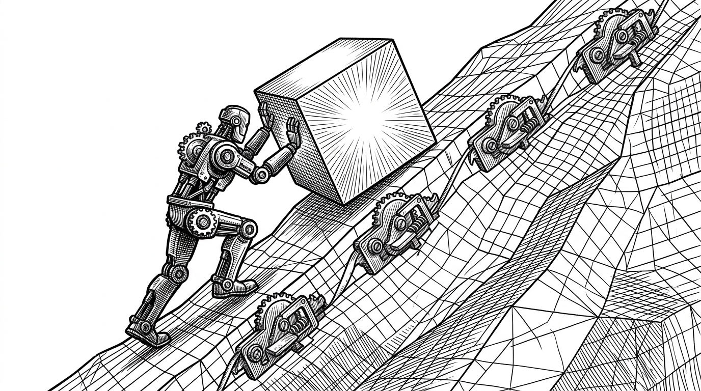A mechanical figure pushing a glowing cube up a steep wireframe mountain, with iron ratchets locking the cube in place to prevent it from slipping.