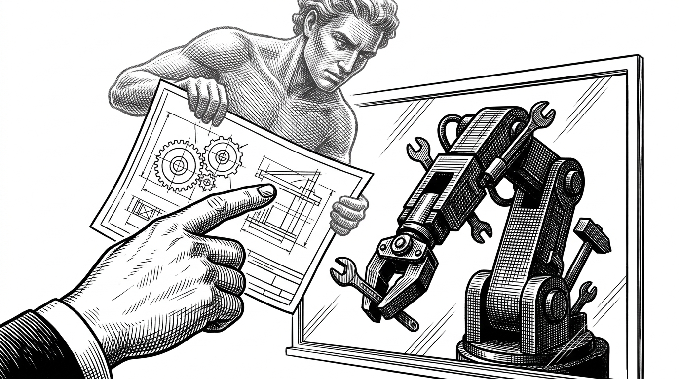 A close-up of a human hand pointing at a blueprint held up by a ghostly figure, while a mechanical arm waits with tools behind glass.