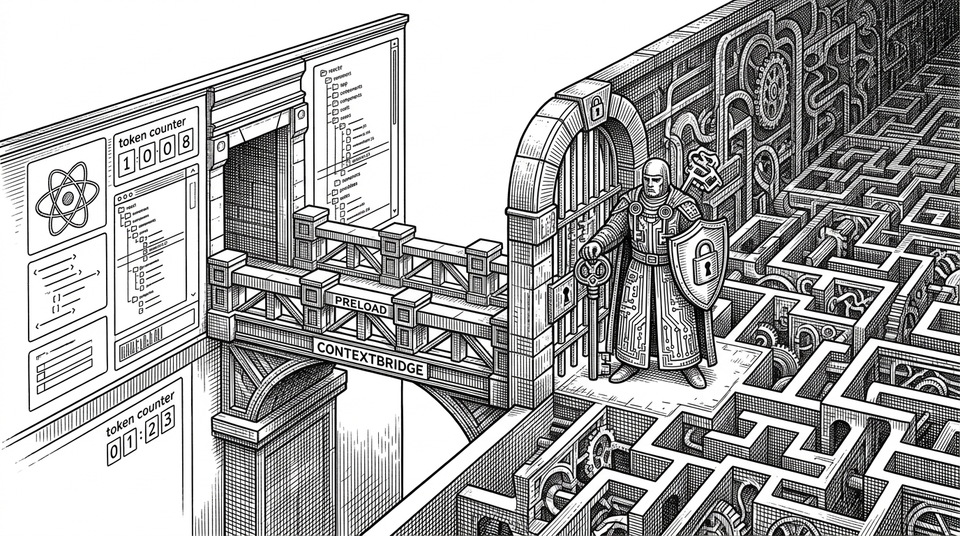 A close architectural scene shows a locked doorway between a React interface and a filesystem maze. A narrow bridge labeled preload and contextBridge crosses the gap, while a gatekeeper blocks paths outside the authorized root, explaining the app's trust boundary.