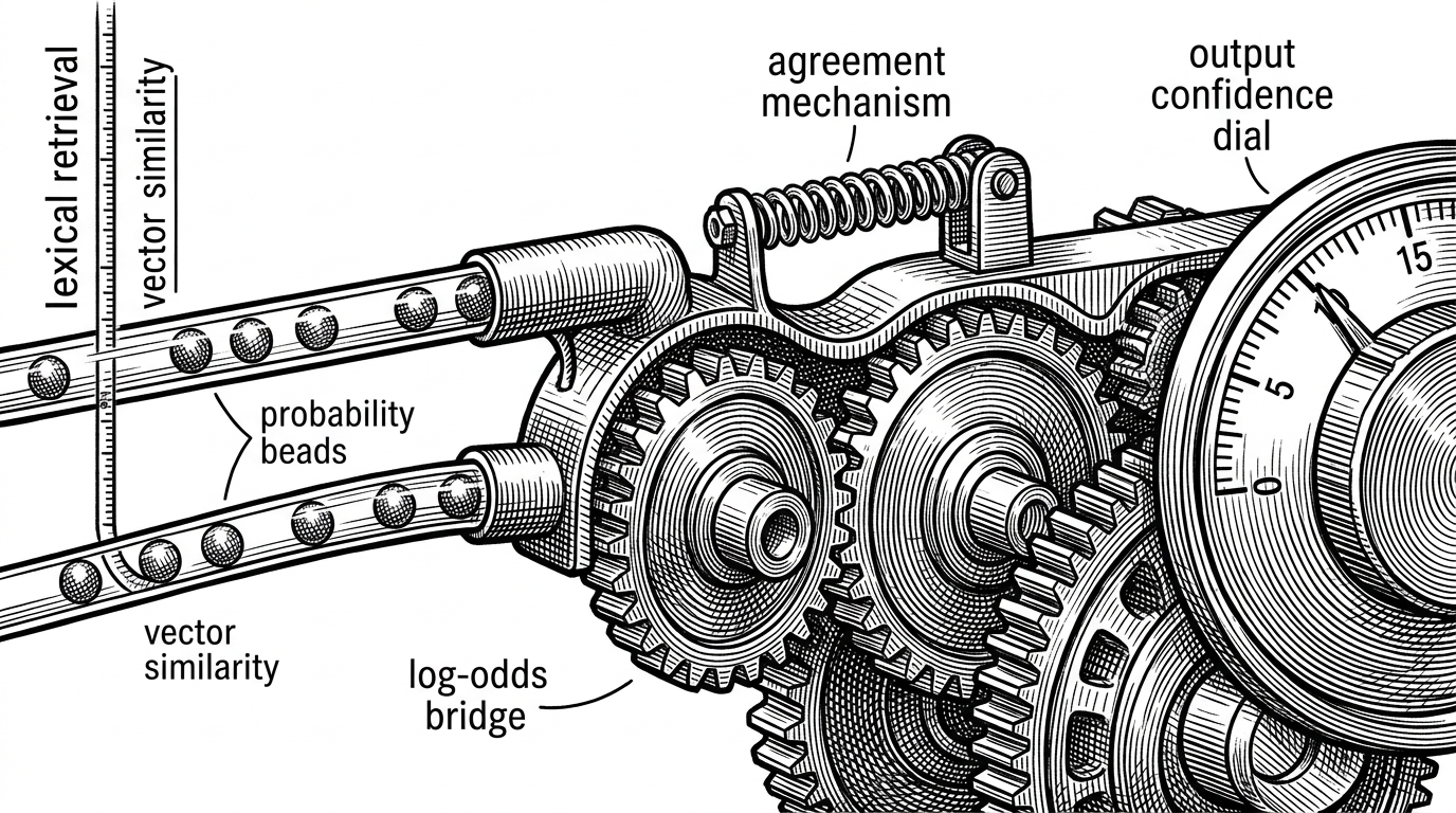 A tight technical engraving of two calibrated signal streams, one from lexical search and one from vector similarity, entering a log-odds bridge. The streams interlock like gears, and a small mechanism labeled by its function adds confidence when both sides agree, showing principled fusion instead of a simple average.