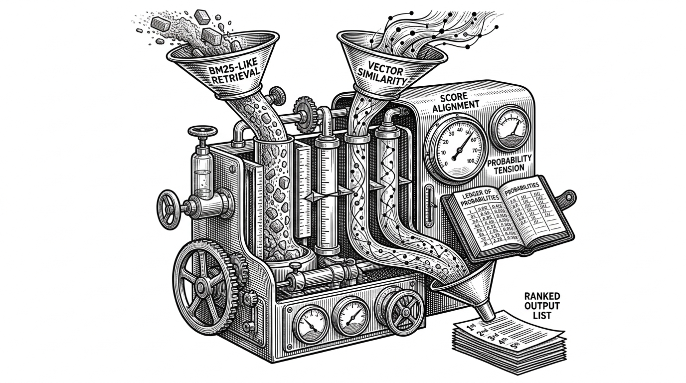 A close-up editorial illustration of two score streams being poured into a calibration device. One stream is visually heavier and jagged, suggesting BM25-like text scores, while the other is smoother and clustered, suggesting vector similarity. The device aligns both into a shared scale before they merge into one ranked output ledger. It explains why hybrid search needs calibration rather than simple score addition.