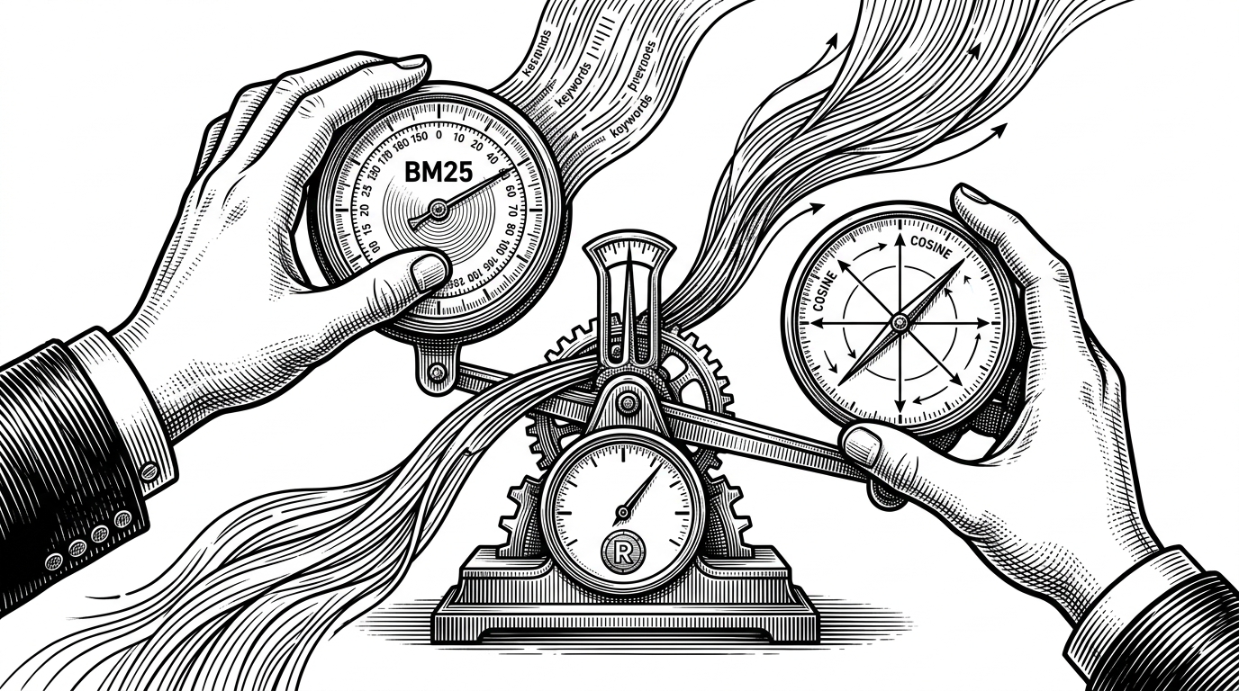 A close-up of two hands converting different relevance measurements onto one calibrated scale. One side is a BM25 dial and the other is a vector similarity gauge, both feeding a balance that outputs a single relevance token. It explains why UQA uses calibration instead of heuristic score blending.