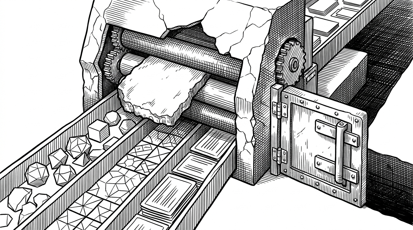 A close-up workbench shows a jagged proprietary file being fed into a machine that splits it into cleaner asset streams. One stream becomes a mesh shape, one becomes a texture sheet, and one becomes a metadata stack, while a hinged side gate stays shut over a darker branch. The image explains that Deimos is a translator, not just a dump button.