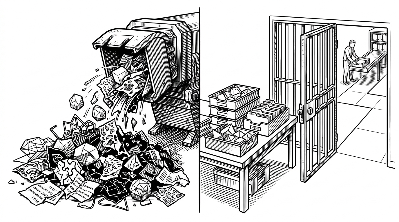 A split composition shows two ways of handling the same game assets. The left side dumps raw shapes, tiles, and documents into a tangled heap, while the right side arranges the same materials into neat archival trays beside a closed gate. The image explains the difference between brute-force extraction and curated preservation.