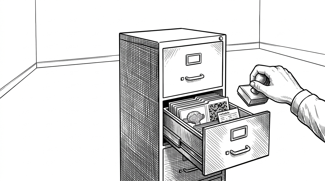 A stark archive room shows a locked cabinet of game files sitting alone in a white space. One drawer is open just enough to suggest models, textures, and metadata, while a hand holds a square rubber stamp at the edge of the frame. The image explains the project’s central tension: it is built for access, but it insists that access still has boundaries.