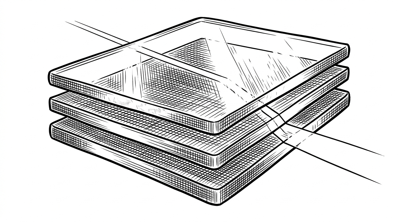 A close-up cross-section of stacked translucent plates, each etched with different line patterns, while a narrow beam of light passes through and recombines on the far side. It explains how Alkahest's deferred renderer stores the scene in layers before lighting is applied.