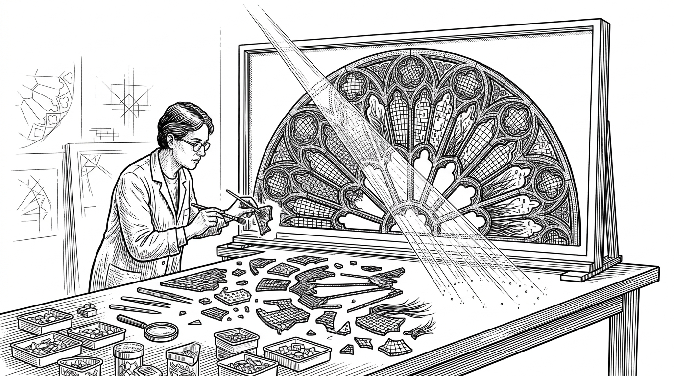A conservator's workbench where a luminous cathedral window is rebuilt from shards shaped like binary fragments, mesh pieces, and shader slivers. The scene explains that Alkahest is reconstructing the rendering pipeline, not just displaying extracted assets.