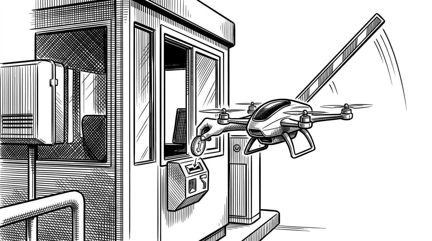 A digital toll booth on a highway where a small drone is dropping a digital coin into a slot to lift the gate. This illustrates AI agents autonomously paying for access.