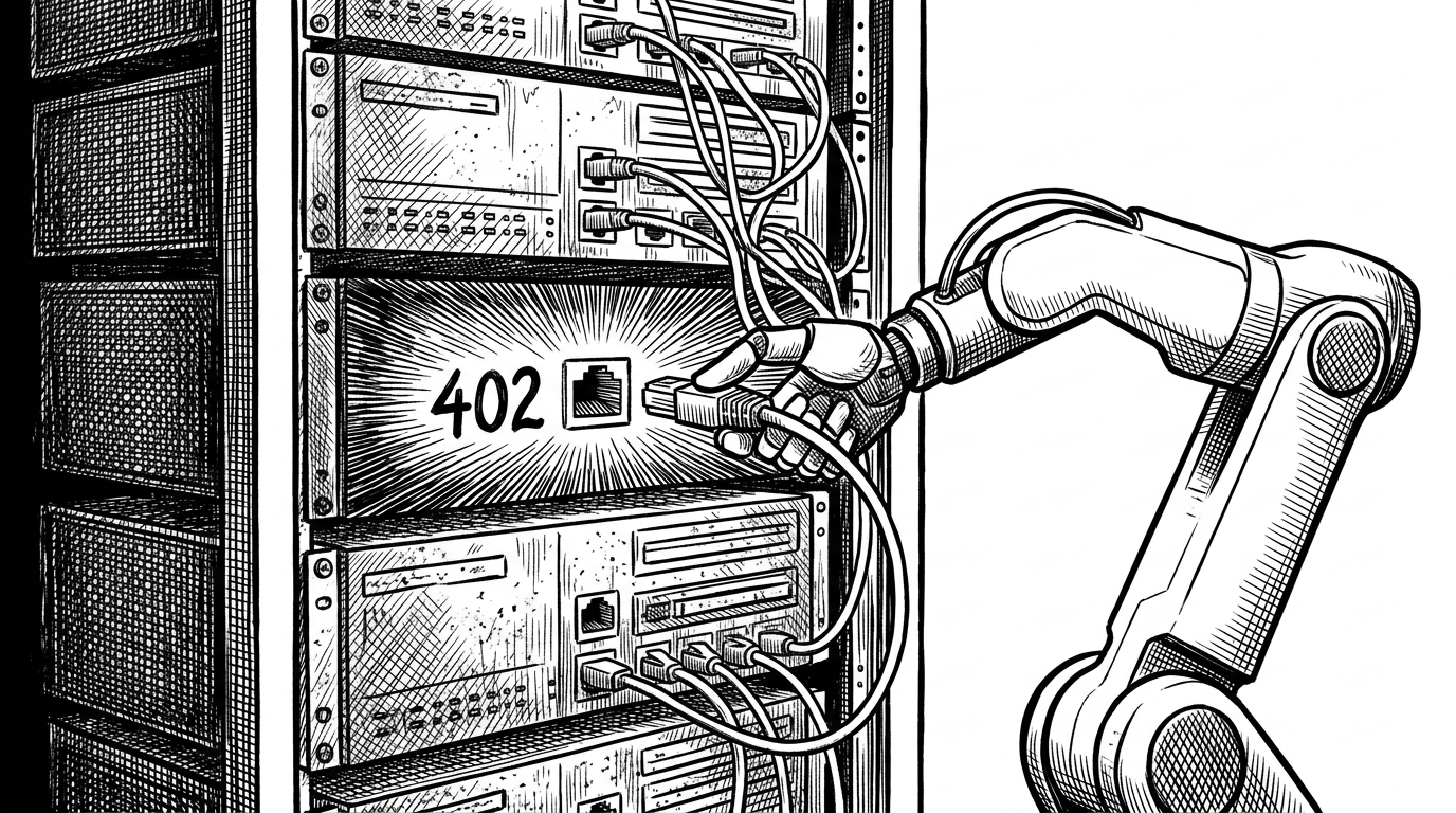 A vintage 1990s server rack with one glowing golden Ethernet port labeled 402. A modern robotic arm is plugging a cable into it, representing the modernization of an ancient web standard.
