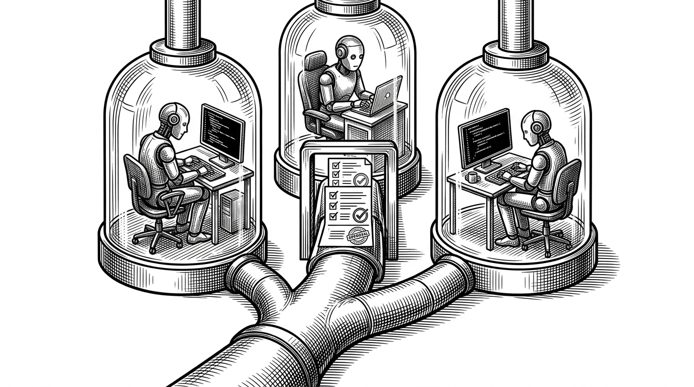 A close-up of three git worktrees branching from one repository trunk, each inside its own glass chamber. Separate AI agents work independently in each chamber while a narrow review gate and approval stamps sit in the center, explaining how Archon isolates parallel coding tasks without file conflicts.