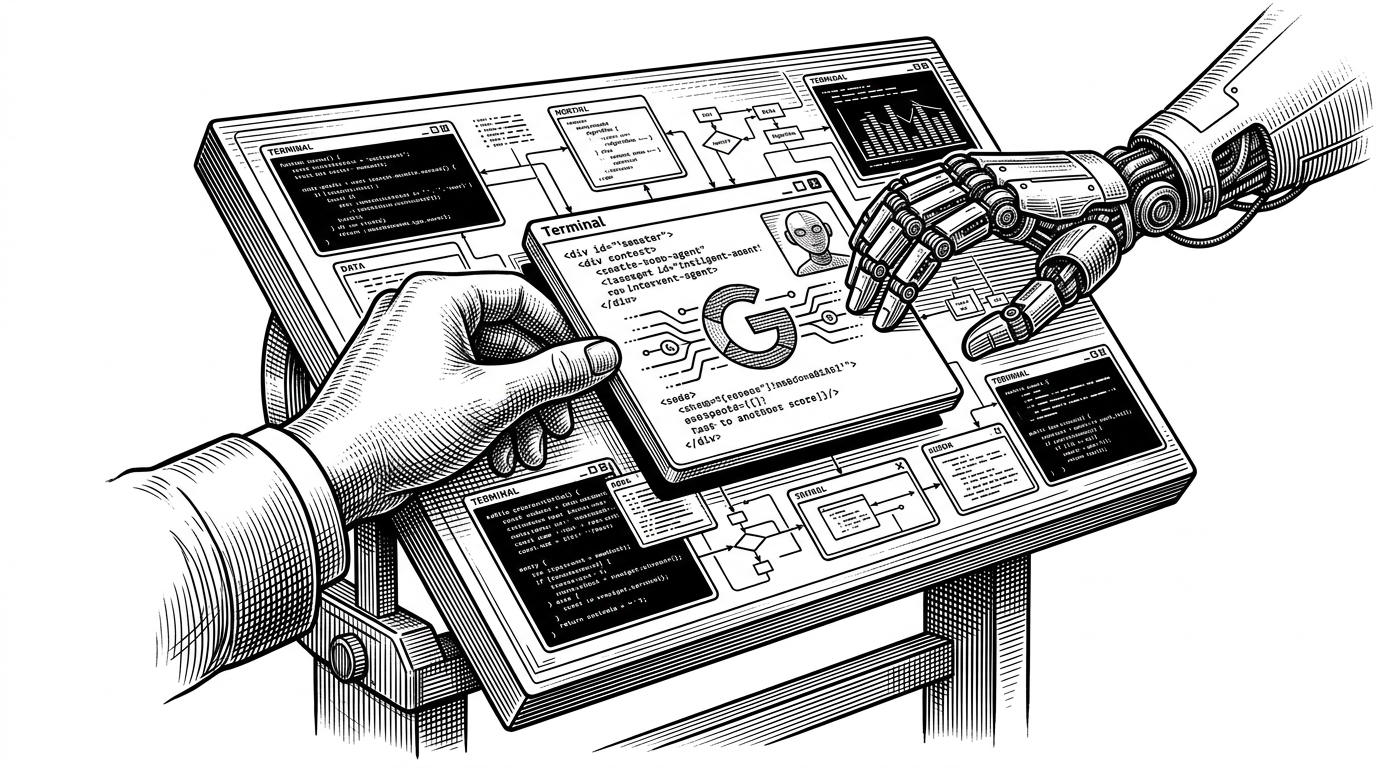 A massive drafting table covered in interconnected terminal screens where a human hand and a mechanical hand move a terminal tile together, illustrating the spatial and collaborative nature of the IDE.