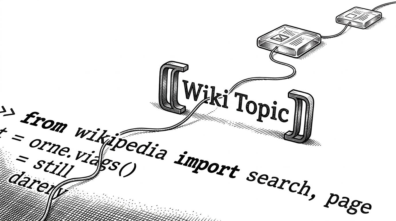 A macro view of a Python import statement where a thin thread weaves through a Wikilink bracket, connecting two floating glass tiles.