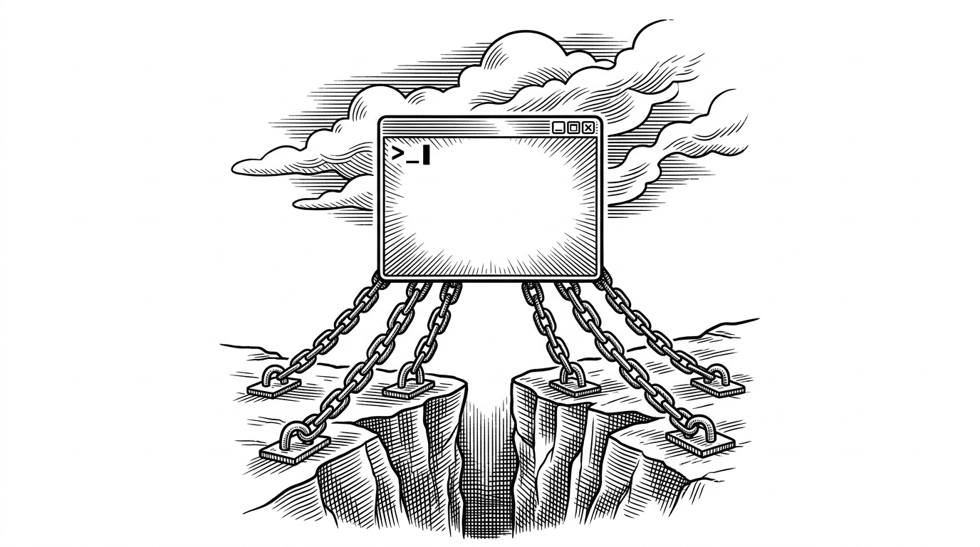 A glowing terminal window suspended by thick iron chains over a deep chasm, remaining steady while clouds shift above it, symbolizing the stability of the Tmux backend.