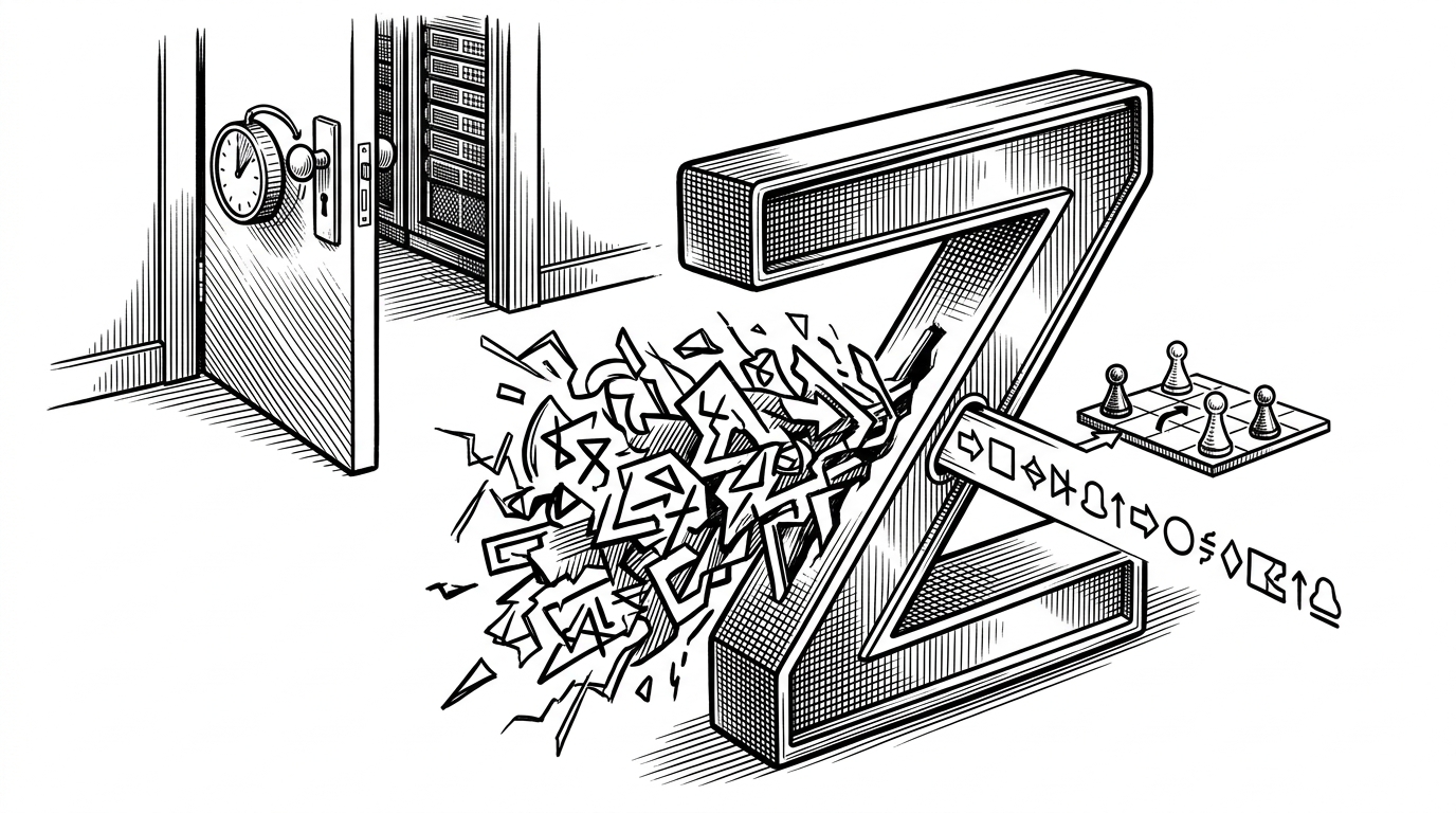 A close-up editorial scene shows a malformed packet being blocked by a Zod-shaped inspection frame while a valid move message passes through into a small state board of players. A reconnection timer sits off to the side like a held-open door with a countdown. The image explains how validation protects authoritative multiplayer state.
