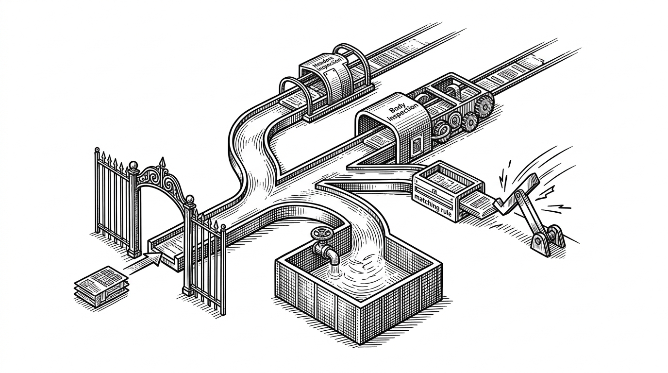 A single HTTP request enters a staged security corridor, splitting into header and body paths before hitting a match engine and an interruption lever. The scene explains how Coraza evaluates rules in phases instead of treating inspection as one opaque pass.
